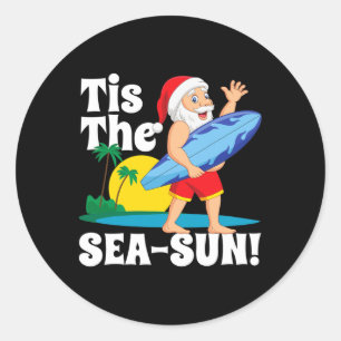 Sticker Rond Surfing Santa C'est Le Noël Solaire De La Mer En J