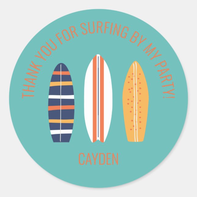 Sticker Rond surfs Up BOY Plage de surf Anniversaire Fête Favor (Devant)