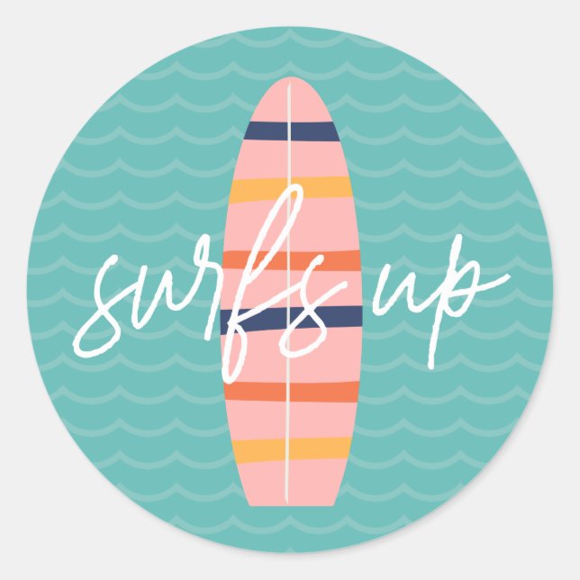 Sticker Rond Surfs Up Planche de surf rose et vagues Anniversai (Devant)