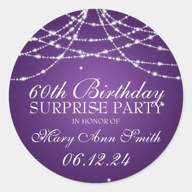 Sticker Rond Surprise Anniversaire Corde d'étoiles violet (Devant)
