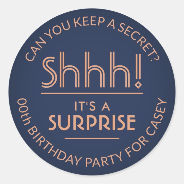Sticker Rond Surprise Anniversaire Fête Stylé Cuivre & Marine B (Devant)