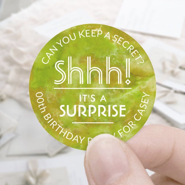 Sticker Rond Surprise Anniversaire Jaune Vert Aquarelle (Créateur téléchargé)