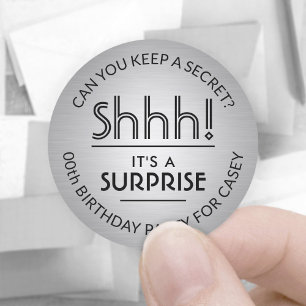 Sticker Rond Surprise fête d'anniversaire Faux Foil noir et arg