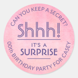 Sticker Rond Surprise fête d'anniversaire rose et violet aquare