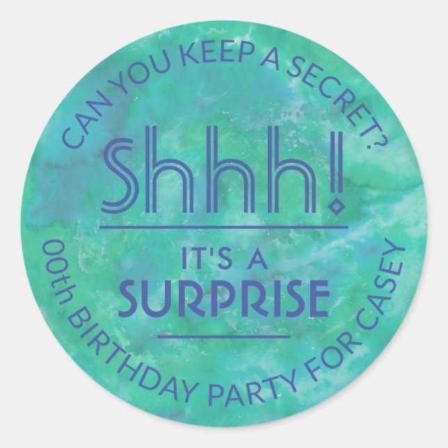Sticker Rond Surprise fête d'anniversaire Shhh! Aquarelle bleue (Devant)