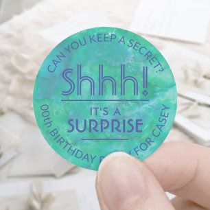 Sticker Rond Surprise fête d'anniversaire Shhh! Aquarelle bleue