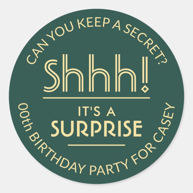 Sticker Rond Surprise fête d'anniversaire Shhh! Vert et or élég (Devant)