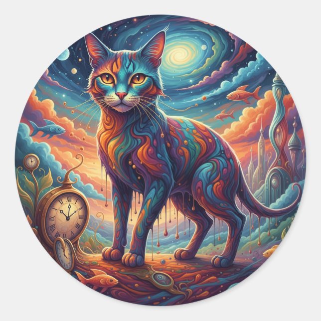 Sticker Rond Surrealism Whimsical Time Travel Cat (Devant)