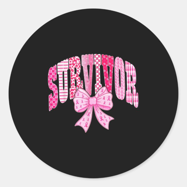 Sticker Rond Survivor Pink Ribbon Coquette Bow Breast Cancer Aw (Devant)