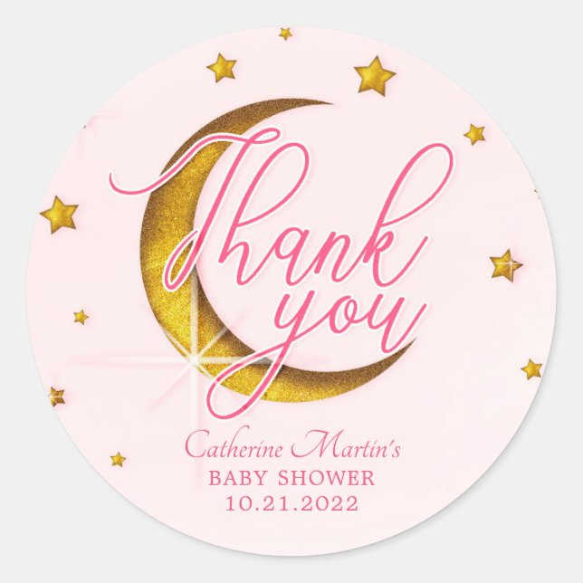 Sticker Rond Survoler le Baby shower d'or rose lune (Devant)