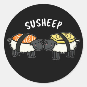 Sticker Rond Susheep Funny Sushi Sheep Pun Dark BG