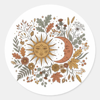 Sticker Rond Sweat à capuche botanique Soleil et Lune croissant