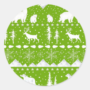 Sticker Rond Sweater Nordique Animaux D'Hiver Lime Vert Et Blan