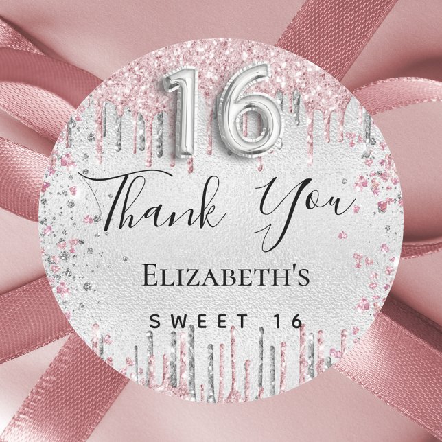 Sticker Rond Sweet 16 anniversaire argent rose parties scintill (Créateur téléchargé)