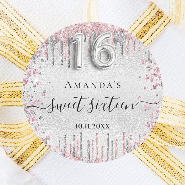 Sticker Rond Sweet 16 anniversaire argent rose parties scintill (Créateur téléchargé)