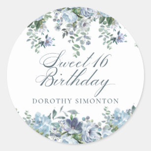 Sticker Rond Sweet 16 Anniversaire Dusty Blue Floral