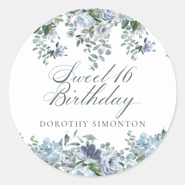 Sticker Rond Sweet 16 Anniversaire Dusty Blue Floral (Devant)