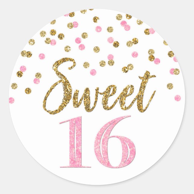 Sticker Rond Sweet 16 Anniversaire Lumière Rose Gold Confetti (Devant)