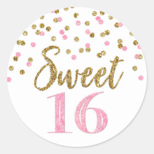 Sticker Rond Sweet 16 Anniversaire Lumière Rose Gold Confetti
