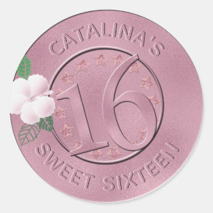 Sticker Rond Sweet 16 Anniversaire Rose Faux Métallic Foil Flor