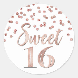 Sticker Rond Sweet 16 Anniversaire Rose Gold Confetti