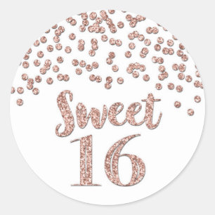 Sticker Rond Sweet 16 Anniversaire Rose Gold Confetti