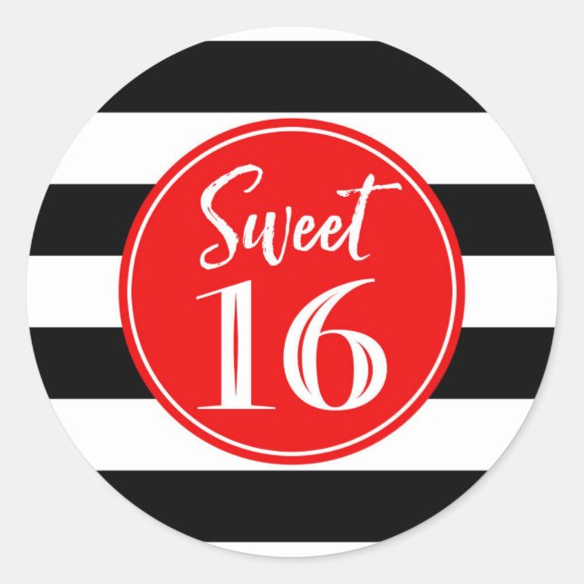 Sticker Rond Sweet 16 Anniversaire Rouge Noir Blanc Tailles (Devant)