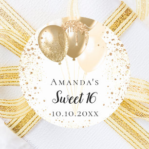 Sticker Rond Sweet 16 blanc or parties scintillant nom ballons