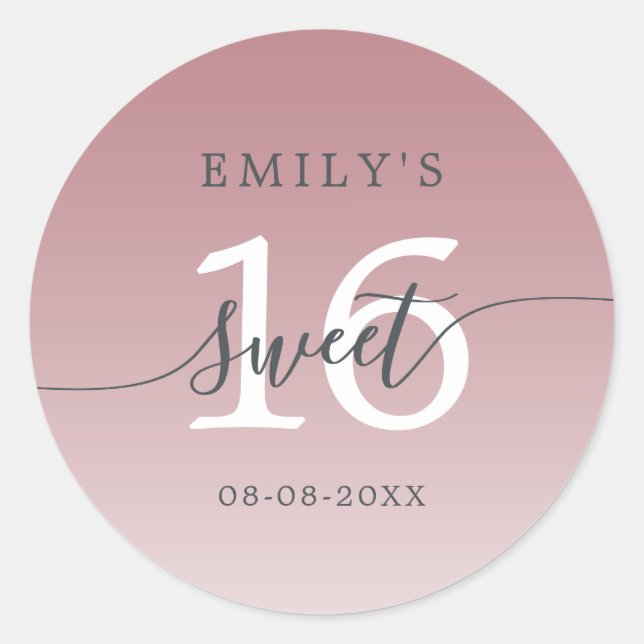 Sticker Rond Sweet 16 Dusty Purple Ombre Nom personnalisé Date (Devant)