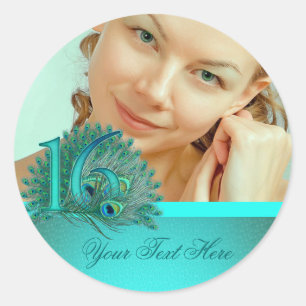 Sticker Rond Sweet 16 élégant modèle en plumes de paon