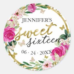 Sticker Rond Sweet 16 Emerald Hot rose Gold Floral Butterfly