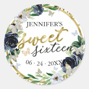 Sticker Rond Sweet 16 Emerald Navy Blue Floral Butterfly