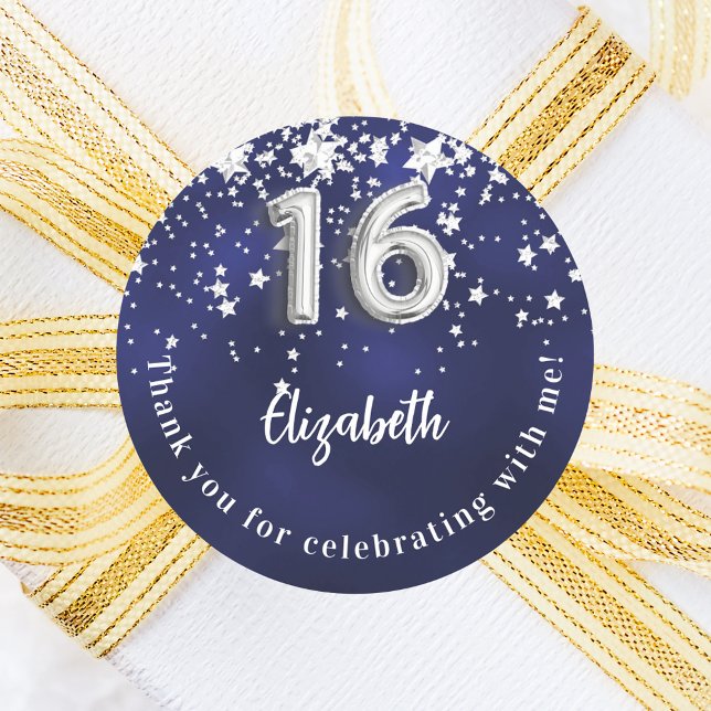 Sticker Rond Sweet 16 étoiles bleu marine en argent (Créateur téléchargé)