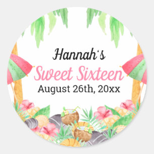 Sticker Rond Sweet 16 Luau Party Hawaiian Aquarelle personnalis