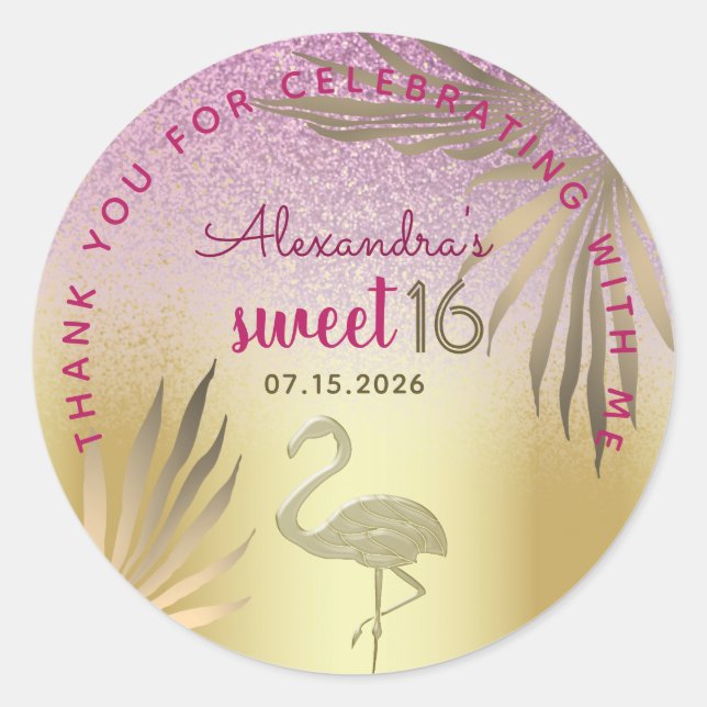 Sticker Rond Sweet 16 Merci Flamant rose rose et or (Devant)