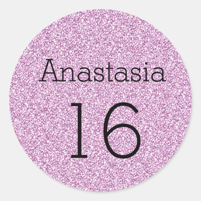 Sticker Rond Sweet 16 Nom Âge Paillettes Noires et Violettes (Devant)