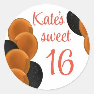 Sticker Rond Sweet 16 Orange Noir Simple