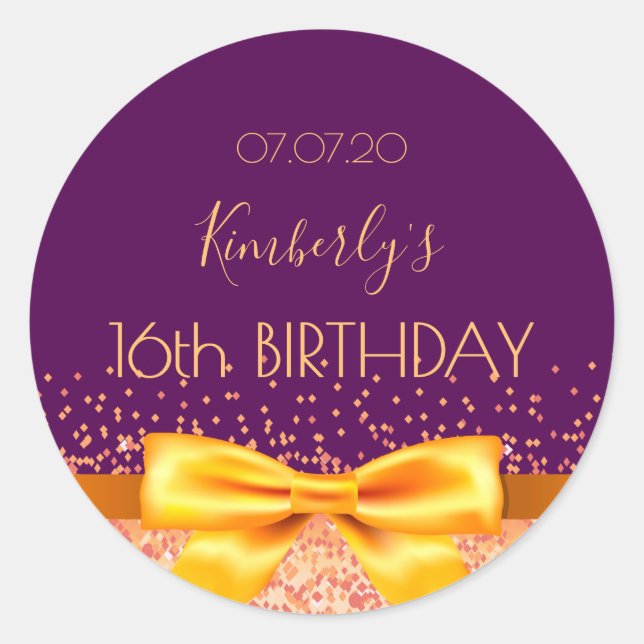 Sticker Rond Sweet 16 partie violet or arc enregistrer la date (Devant)