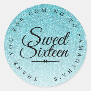 Sticker Rond Sweet 16 Parties scintillant bleue Ombre Merci Nom