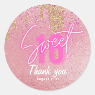 Sticker Rond Sweet 16 Parties scintillant rose Foil Girly Moder