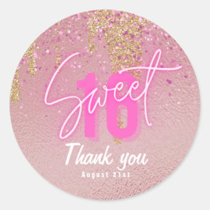 Sticker Rond Sweet 16 Parties scintillant rose Foil Girly Moder
