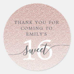 Sticker Rond Sweet 16 Parties scintillant rose Ombre Merci Nom 