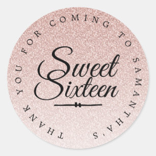 Sticker Rond Sweet 16 Parties scintillant rose Ombre Merci Nom 