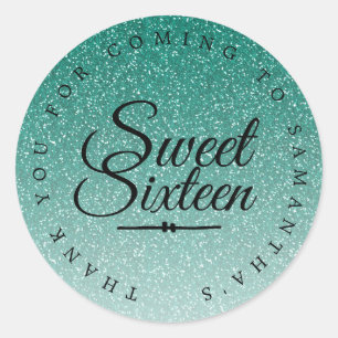 Sticker Rond Sweet 16 Parties scintillant verte Ombre Merci Nom