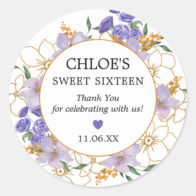 Sticker Rond Sweet 16 Purple Gold Floral Party Favor Merci (Devant)