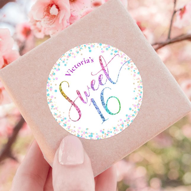 Sticker Rond Sweet 16 Rainbow Ombre Parties scintillant Confett (Créateur téléchargé)