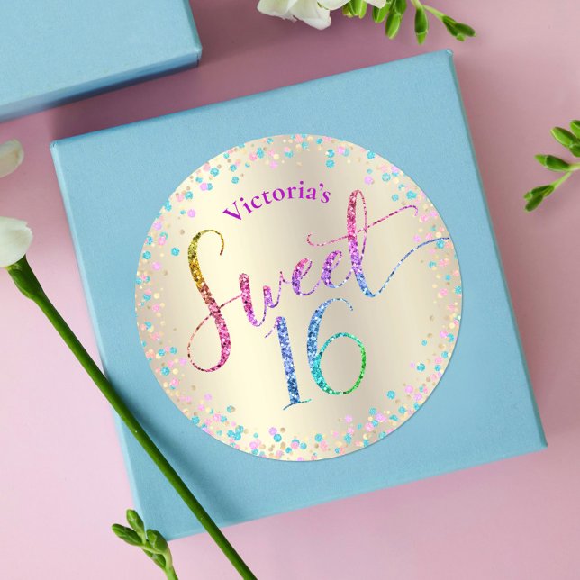 Sticker Rond Sweet 16 Rainbow Parties scintillant Confetti Gold (Créateur téléchargé)