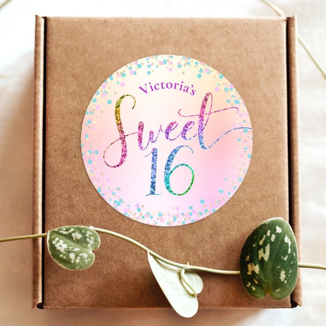Sticker Rond Sweet 16 Rainbow Parties scintillant Confetti Ombr (Créateur téléchargé)
