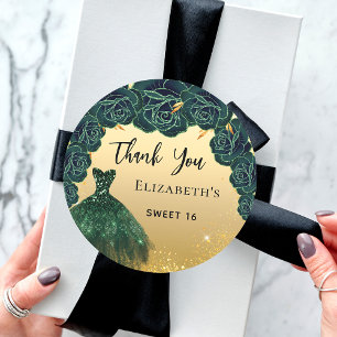 Sticker Rond Sweet 16 robe d'or vert Merci