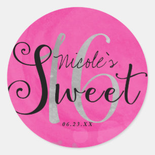 Sticker Rond Sweet 16 rose argent et noir Personnalisé Party Fa